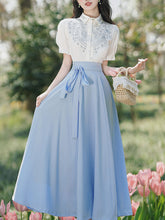 Load image into Gallery viewer, Baby Blue 1950S Vintage Embroidered Short Sleeve Shirt And Swing Skirt Set