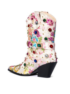 15CM Luxury Embroidered Rivet Chunky High Heels Platform Boot Vintage Shoes