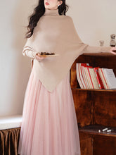 Load image into Gallery viewer, 2 Piece Retro Irregular Bat Sleeve Cape Sweater and Pink Mesh Skirt Set