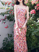 Load image into Gallery viewer, 2PS Pink Floral Print Spaghetti Strap Dress With Rose Shawl Dress Suit