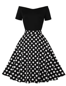 Off Shoulder Polka Dots 1950S Vintage Swing Dress With Button