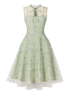 Green Leaves Embroidered 1950S Vintage Swing Dress