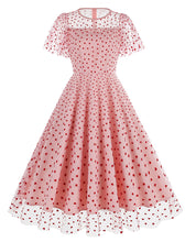 Load image into Gallery viewer, Pink Semi Mesh Sweet Heart Embroidered Short Sleeve 50S Swing Dress