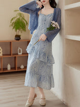 Load image into Gallery viewer, 2PS Blue Floral Print Spaghetti Strap Dress With Blue Shawl Dress Suit