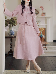 2PS Pink Long Sleeve Warm Coat With Pink Split Skirt Vintage Suit