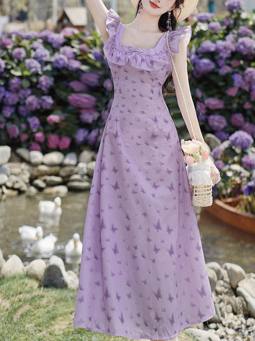 Purple Butterfly Print Shoulder Ruffles Vintage Dress