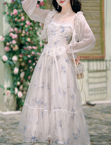 2PS White Floral Print Ruffles Spaghetti Strap Princess Dress With White Shawl Dress Suit