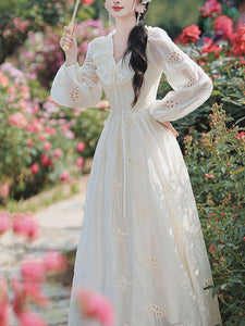 White V Neck Long Sleeved Embroidered Hollow Cotton Dress