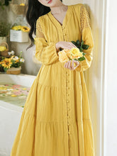 Load image into Gallery viewer, Yellow V-neck Boho Embroidered Bohemian Dress