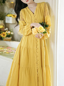 Yellow V-neck Boho Embroidered Bohemian Dress