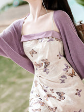 Load image into Gallery viewer, 2PS Purple Butterfly Print Spaghetti Strap Dress With Shawl Dress Suit