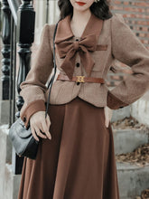 Load image into Gallery viewer, 2PS Brown Bow Tweed Coat With Swing Skirt 1950S Vintage Audrey Hepburn&#39;s Style Outfits