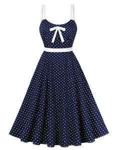 Navy Spaghetti Strap Polka Dots 1950S Swing Dress