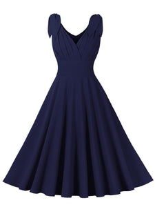 Blue Bow Sleeve V Neck 1950S Vintage Swing Dress