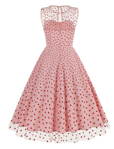 Pink Semi Mesh Sweet Heart Embroidered Sleeveless 50S Swing Dress