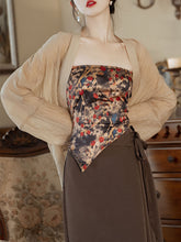 Load image into Gallery viewer, 3PS Brown Floral Tube Top and Slit Skirt 1950s Cardigan Suit