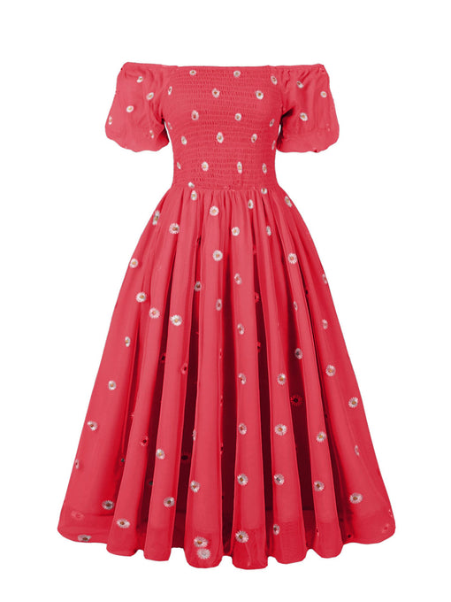 Red Daisy Off The Sleeve Smocking 1950S Vintage Dress