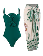 Load image into Gallery viewer, Dark Green Bow One Piece With Bathing Suit Wrap Skirt