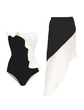 Load image into Gallery viewer, Black Retro Style Ruffles One Piece With Bathing Suit Wrap Skirt