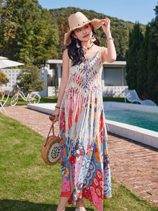 Bohemian Retro Print Strap Boho Maxi Dress with Hollow Crochet Fringe Vest