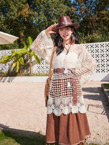 Hollow Crochet Tassel Top with Waistband Brown Corduroy Skirt Bohemian Suit