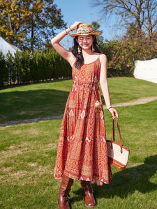 Bohemian Orange Strap Boho Maxi Dress with White Tassel Scarf Shawl