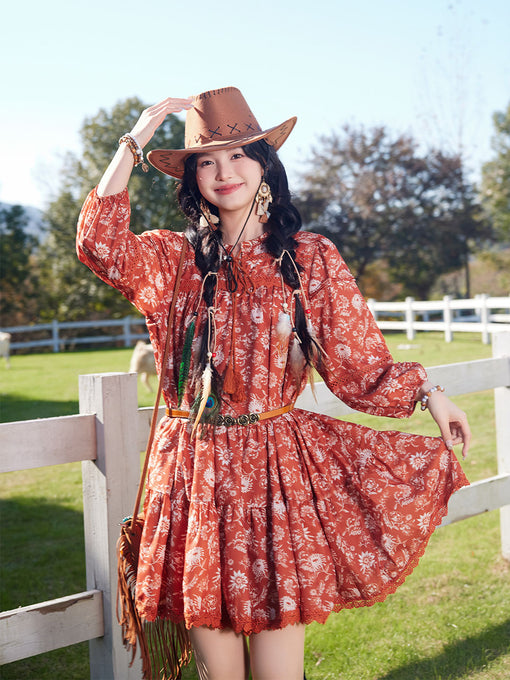 Bohemian Orange Printed Long-sleeved Mini Dress with Suede Embroidered Vest Boho Suit