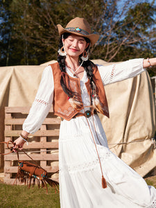 Bohemian White Long-sleeved Cotton Tassel Maxi Dress with Suede Embroidered Vest Boho Suit