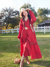 Load image into Gallery viewer, Red Bohemian V Neck Ruffled Lace High Waist Boho Maxi Dress