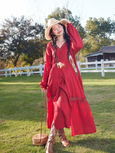 Red Bohemian V Neck Ruffled Lace High Waist Boho Maxi Dress