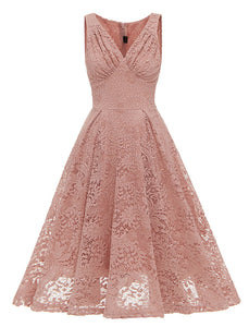 Solid Color Lace Sleeveless V Neck 50s Party Swing Dress