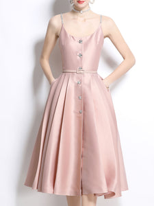 Pink Luxury Diamond Strap Satin Prom Dress With Pockets