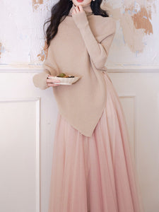 2 Piece Retro Irregular Bat Sleeve Cape Sweater and Pink Mesh Skirt Set