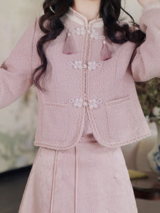 2PS Pink Long Sleeve Warm Coat With Pink Split Skirt Vintage Suit