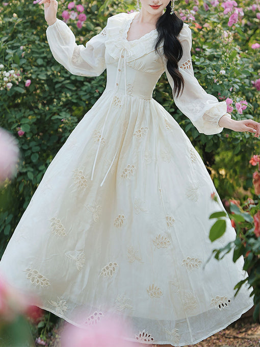 White V Neck Long Sleeved Embroidered Hollow Cotton Dress