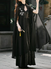 Load image into Gallery viewer, Black Suspender Deep V-neck Satin Backless Maxi Dress Prom Dress With Cape