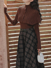 Load image into Gallery viewer, 3PS Brown Bow Knitted Sweater Top Cape With Plaid Skirt Vintage 1950s Suits