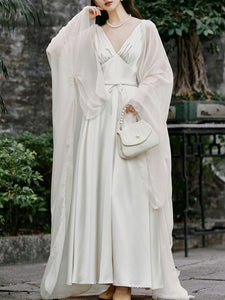 White Suspender Deep V-neck Satin Backless Maxi Dress Prom Dress With Long Chiffon Cardigan