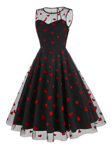 Black Semi Mesh Sweet Heart Embroidered Sleeveless 50S Swing Dress