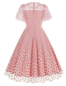 Pink Semi Mesh Sweet Heart Embroidered Short Sleeve 50S Swing Dress