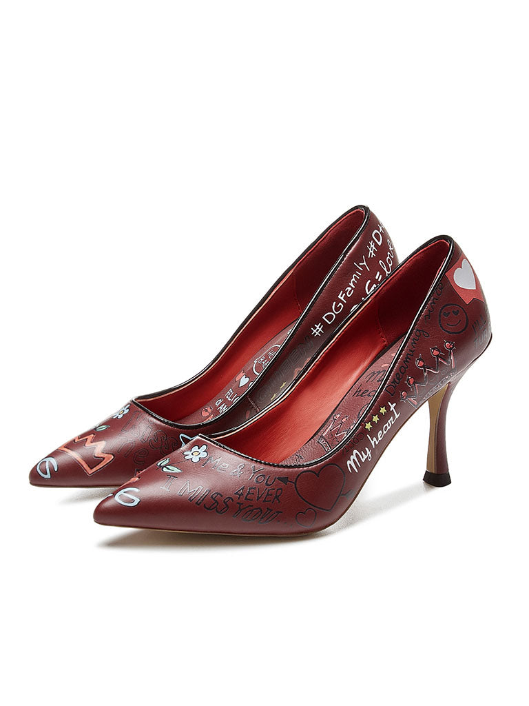 Wine Red Graffiti Print Stiletto Heel Vinatge Shoes