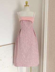 Pink Camellia Flower Spaghetti Strap Tweed Party Dress