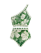 Load image into Gallery viewer, One Shoulder Two Piece Floral Print Swimsuit With Bathing Suit Swing Skirt