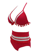 Load image into Gallery viewer, Red Halter High Waist Bikini Fringed Fur Ball Swimsuit Two Pieces Bikini Sets