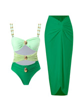 Load image into Gallery viewer, Green Hollow Out One Piece With Bathing Suit Wrap Skirt