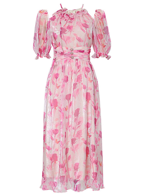 Pink Floral Print Ruffles 1950S Chiffon Vintage Dress