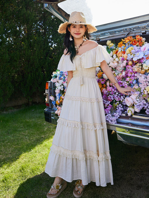 White Bohemian Off The Shoulder Ruffled Tassel High Waist Boho Maxi Dress