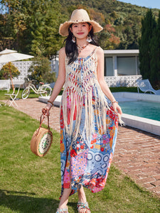 Bohemian Retro Print Strap Boho Maxi Dress with Hollow Crochet Fringe Vest