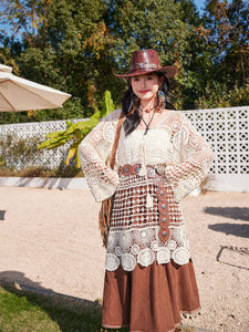 Hollow Crochet Tassel Top with Waistband Brown Corduroy Skirt Bohemian Suit