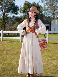 Bohemian White Long-sleeved Cotton Maxi Dress with Suede Embroidered Vest Boho Suit